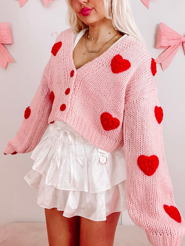 Heart Cardigan Outfit, Lovecore Aesthetic Outfit, Preppy Blanket, Pink And Red Outfit, Lovecore Fashion, Sassy Shortcake, Heart Cardigan, The Cardigans, Cream Cardigan