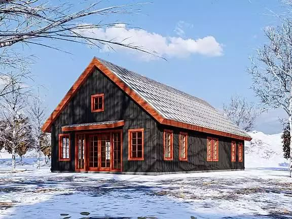 a small house in the middle of a snowy field with trees and snow covered ground