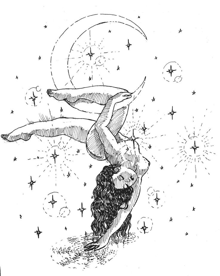 an ink drawing of a woman doing acrobatics on the moon with stars in the background