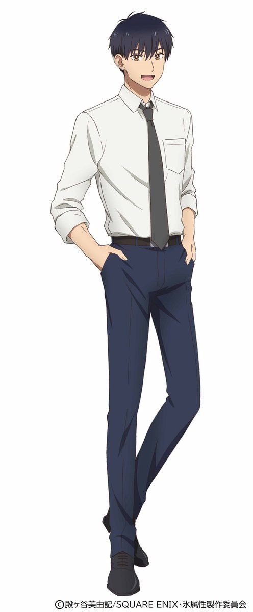 an anime character with his hands on his hips, wearing a tie and dress pants