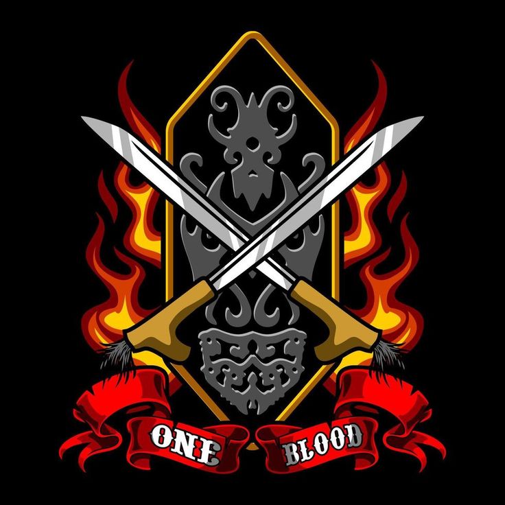 two crossed swords with flames behind them on a black background