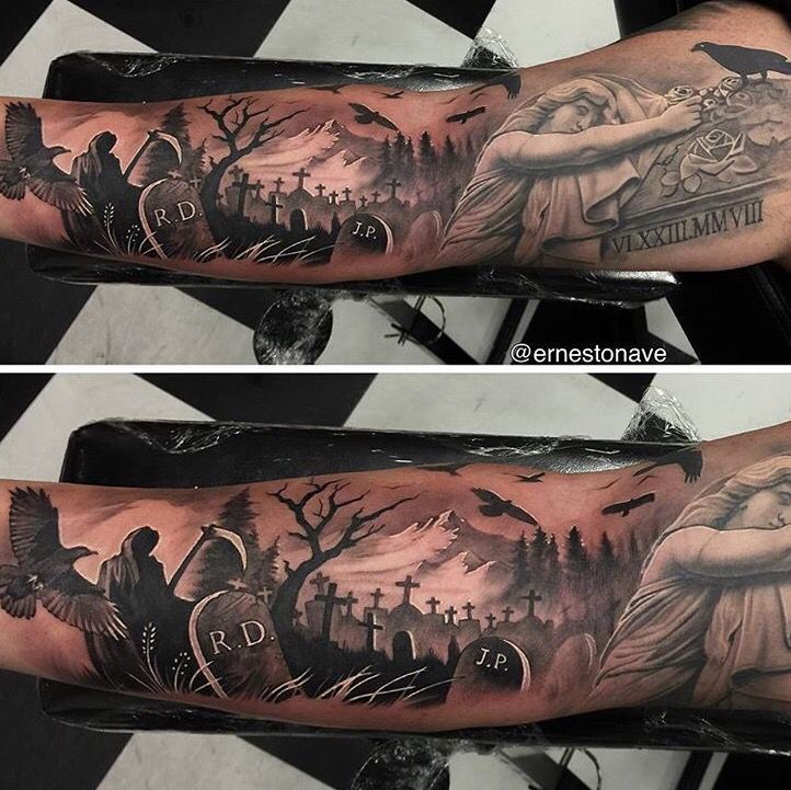 two different views of the same tattoo on someone's arm, one with an image of