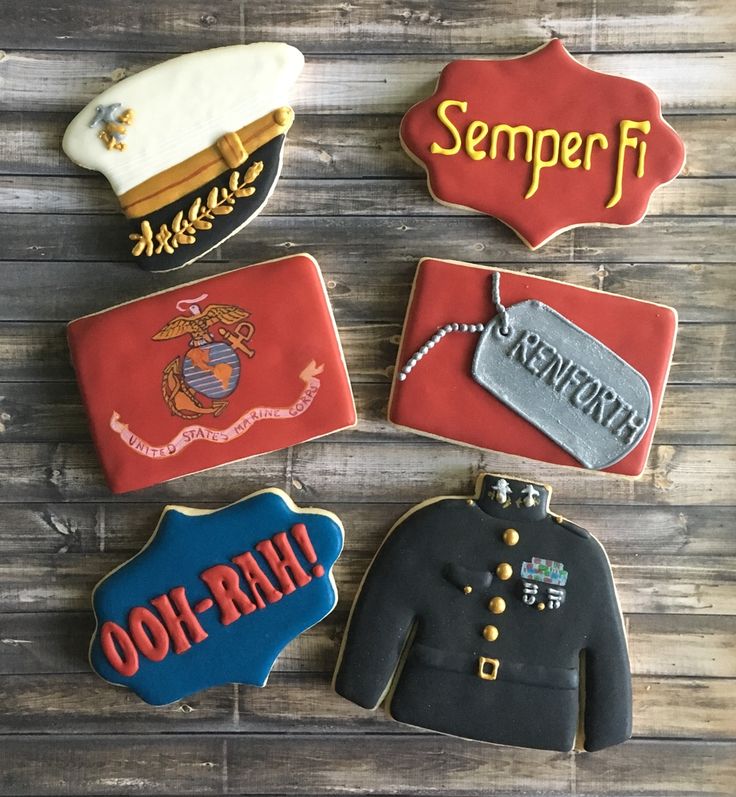 Ooh-Rah! Marine Cookies Marine Cookies Decorated, Marine Corps Cookies Decorated, Marine Corps Decorations Party, Marine Corps Cookies, Marine Corps Retirement Cake, Marine Retirement Party, Marine Corps Retirement Party Ideas, Usmc Cookies, Marine Cookies