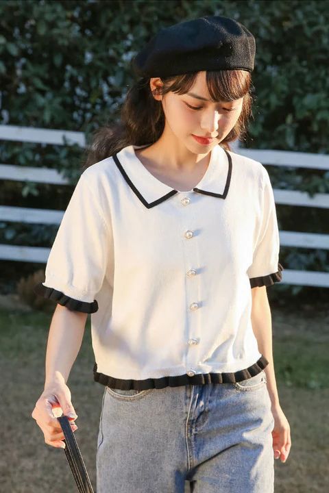 Short Sleeve Turn Down Collar Ruffle Slim Shirts – Nada Outfit Land Collar Tshirt Outfit, Persian Fashion, Midi Skater Dress, Cropped Shirt, Tshirt Outfits, Korean Street Fashion, Crop Shirt, Shirt Sale, Stylish Outfits