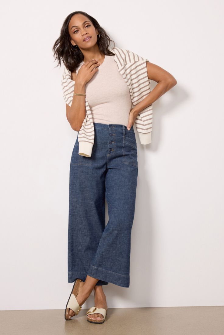 EVEREVE Joelle Wide Leg Pant | EVEREVE High Rise Bottoms For Spring Workwear, Spring High-rise Workwear Bottoms, High Rise Workwear Bottoms For Spring, Versatile Medium Wash Pants For Work, Mid-rise Medium Wash Pants For Work, Mid-rise Medium Wash Workwear Pants, Blue Cropped Leg Pants For Fall, Wide-leg Denim Blue Bottoms For Work, Medium Wash Wide Leg Pants For Work