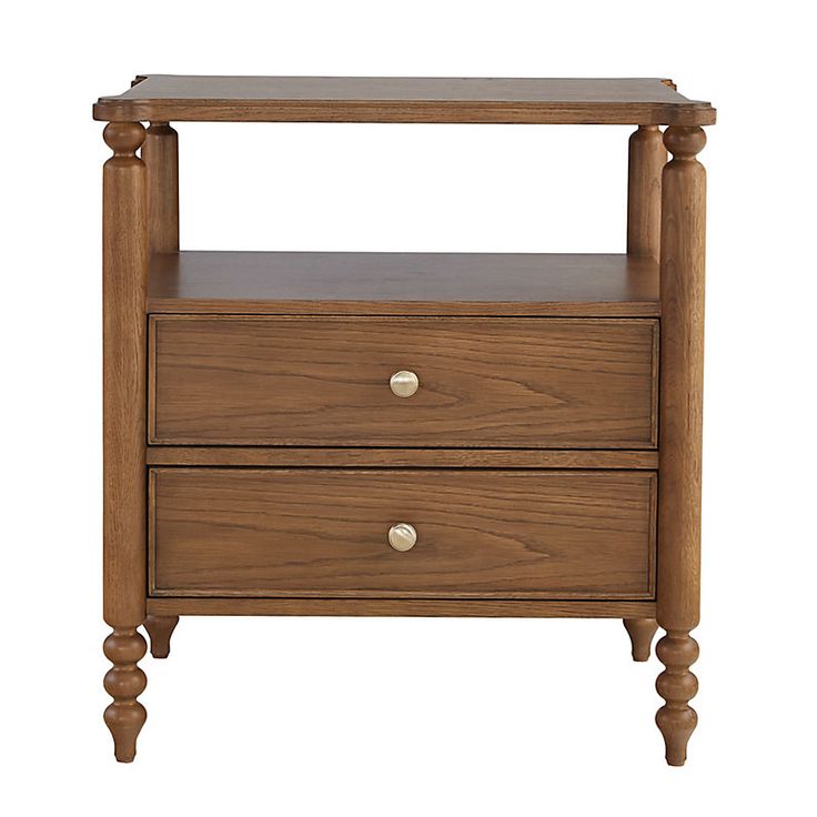 a wooden night stand with two drawers on one side and an open drawer on the other