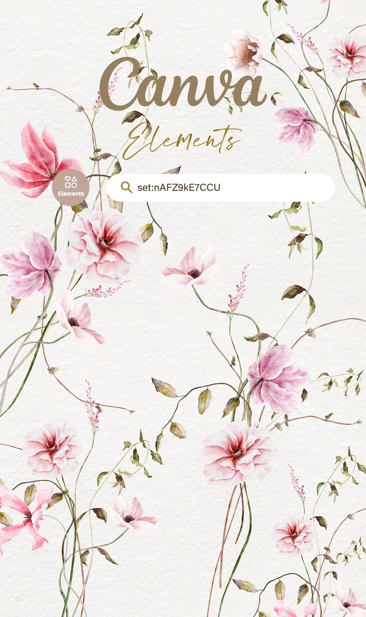 an image of pink flowers on a white background with gold lettering that reads canva elements