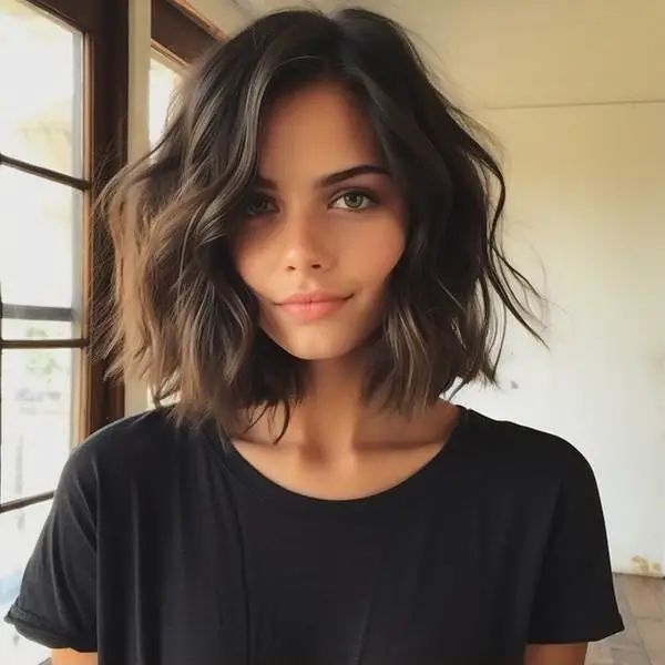 The 40 Trendiest Chin Length Haircut ideas of 2024 Effortless Bob Haircut, Bob Haircuts For Women Brunette, Cool Brown Short Hair, Effortless Short Hair, Shoulder Length Hair Dark, Short Brown Wavy Hair, Aline Haircut, Lob Haircut Thick Hair, Brown Sombre