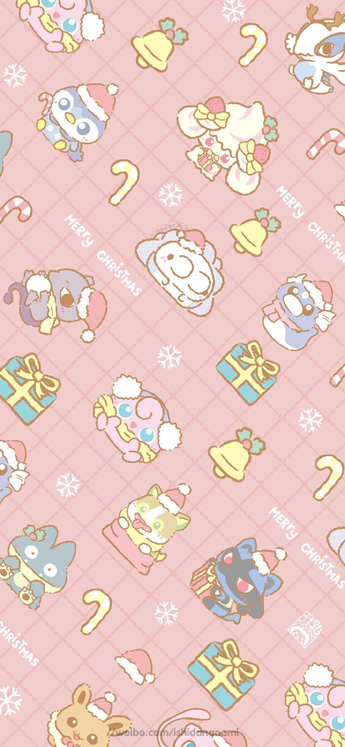 a pink wallpaper with various cartoon characters on it