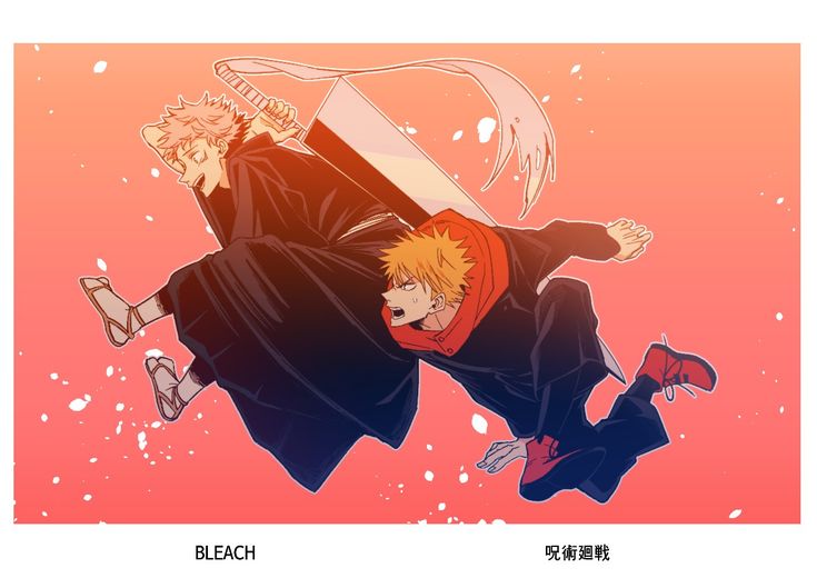 two anime characters flying through the air with their hands on each other's backs