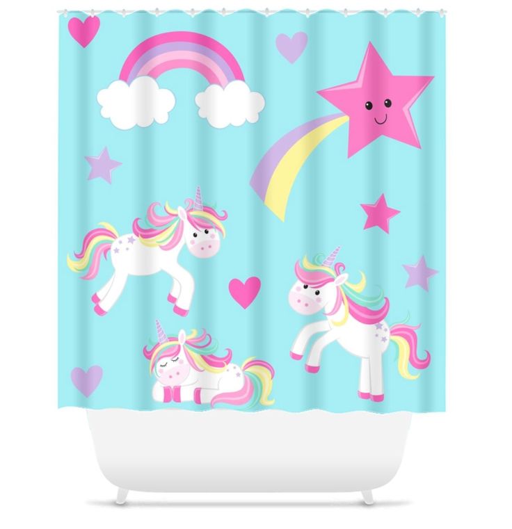 a shower curtain with unicorns and stars on the blue background, in front of a heart - shaped star