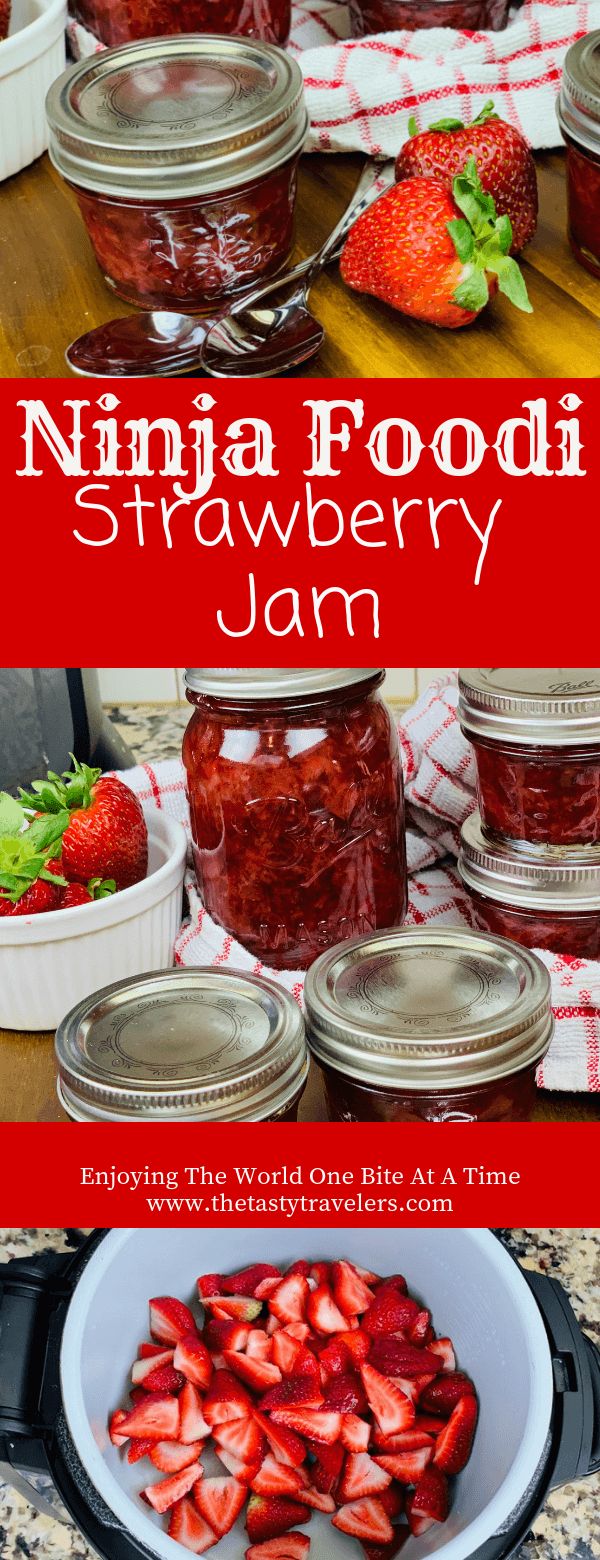 the recipe for strawberry jam is shown in jars and on a table with strawberries