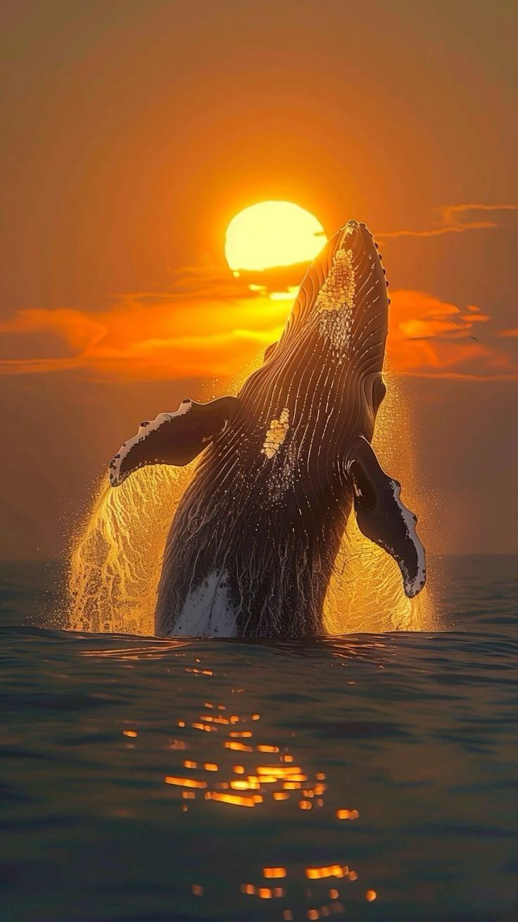 a humpback whale jumping out of the water at sunset