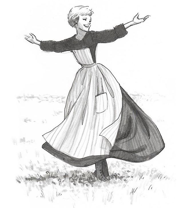 a black and white drawing of a woman in a dress with her arms spread out