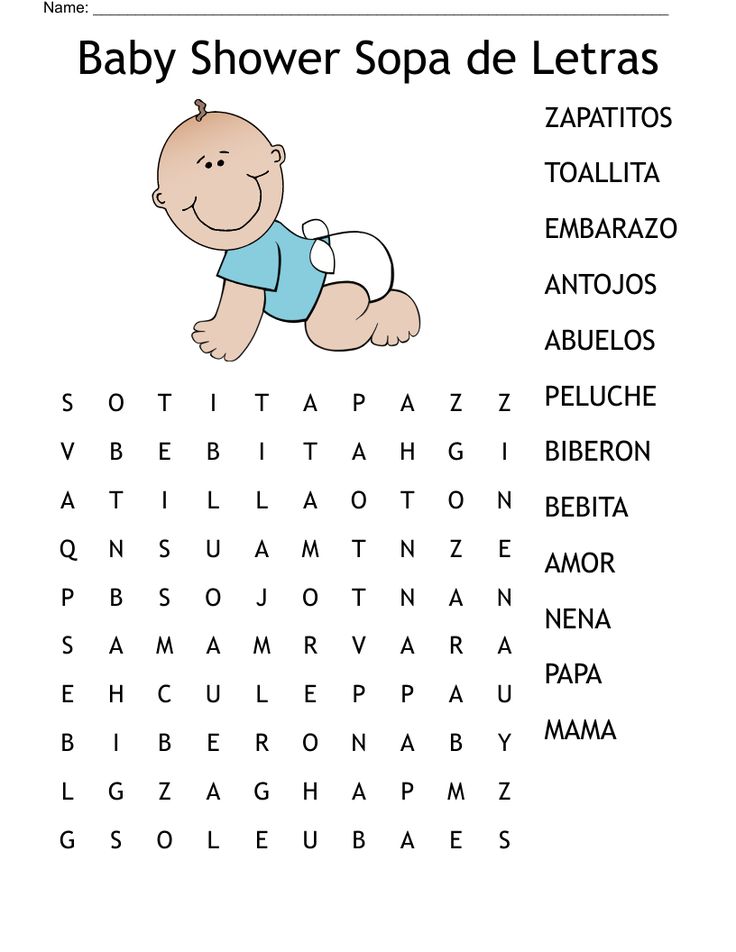 the baby shower spa de letras word search is shown in black and white, with an image of a baby laying on it's belly