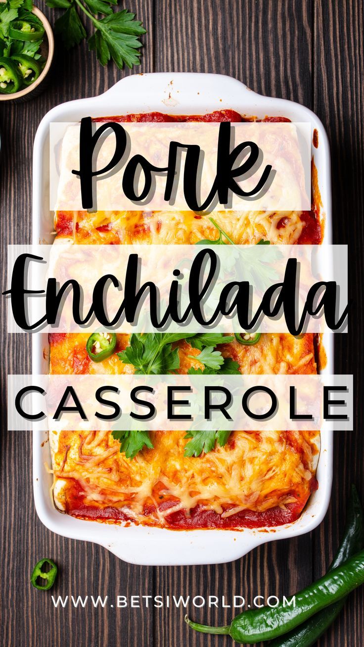 pork enchilada casserole in a white baking dish on a wooden table with a cup of sliced jalepenos and whole jalepenos on the table. There is black font with white background that says pork enchilada casserole and the url www.betsiworld.com at the bottom in white Shredded Pork Enchilada Casserole, Pulled Pork Mexican Casserole, Shredded Pork Mexican Recipes, Pork Roast Enchiladas, Carnita Enchilada Casserole, Shredded Pork Enchiladas Easy, Pulled Pork Enchilada Casserole, Pork Carnitas Casserole, Shredded Pork Casserole