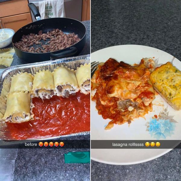 two pictures side by side, one with lasagna and the other with meat