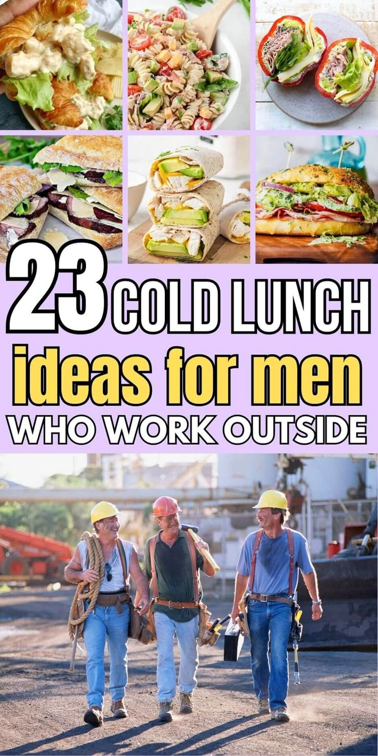 some people are walking around with food and drinks in their hands, the words 23 gold lunch ideas for men who work outside