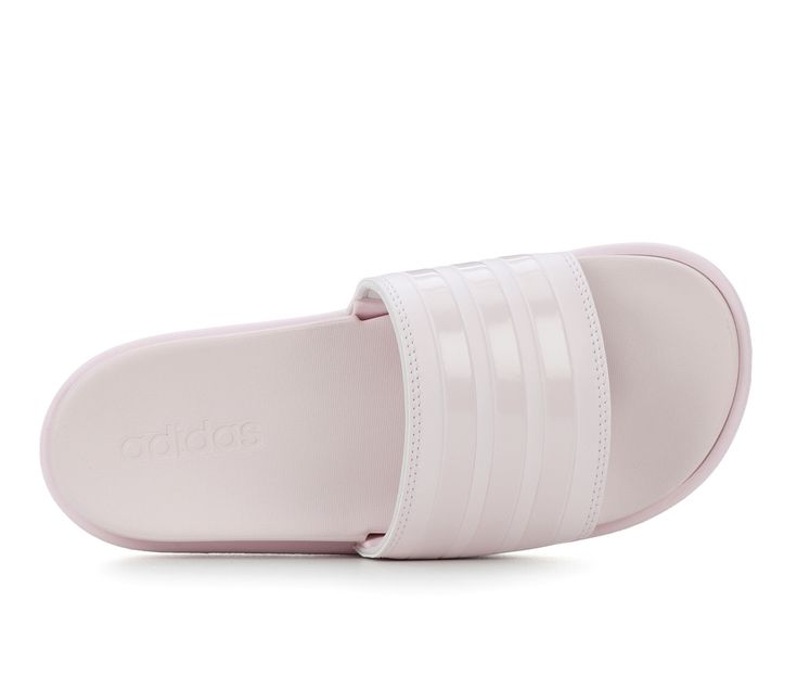 Synthetic band upper with fabric lining, Easy slip-on entry, Open round toe, Approx. 2 inch platform height, Cushioned foam footbed, Durable foam midsole and outsole, adidas® branding details | Women's Adidas Adilette Platform Sport Slides Sandals in Pink Size 10 Adidas Adilette, Slides Sandals, Slide Sandals, Adidas Women, Slides, Casual Looks, Slip On, Adidas, Sandals