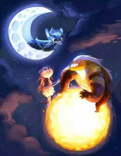 an image of a cartoon scene with a cat on the moon and a dragon in the sky