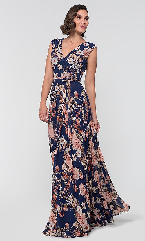 Image of navy floral-print v-neck long MOB dress by Kleinfeld. Style: KL-200084m Front Image Vestidos Outfits, Mog Dresses, Printed Bridesmaid Dresses, Mob Dress, Kleinfeld Bridal, Mother Wedding Dress, Mob Dresses, Bride Groom Dress, Floral Dresses Long