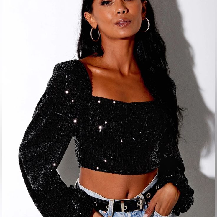 Nwt!! Sold Out! Fitted Crop Top For Concert, Edgy Crop Top For Party, Chic Black Sequined Crop Top, Black Fitted Crop Top For Concert, Black Cropped Top For Party Season, Glamorous Black Cropped Top, Edgy Black Crop Top For Night Out, Rock Style Black Tops For Party, Black Disco Tops For Party Season