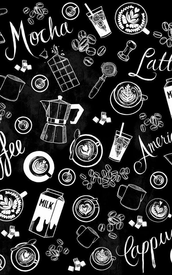 a black and white drawing of different types of coffee related items on a chalkboard background