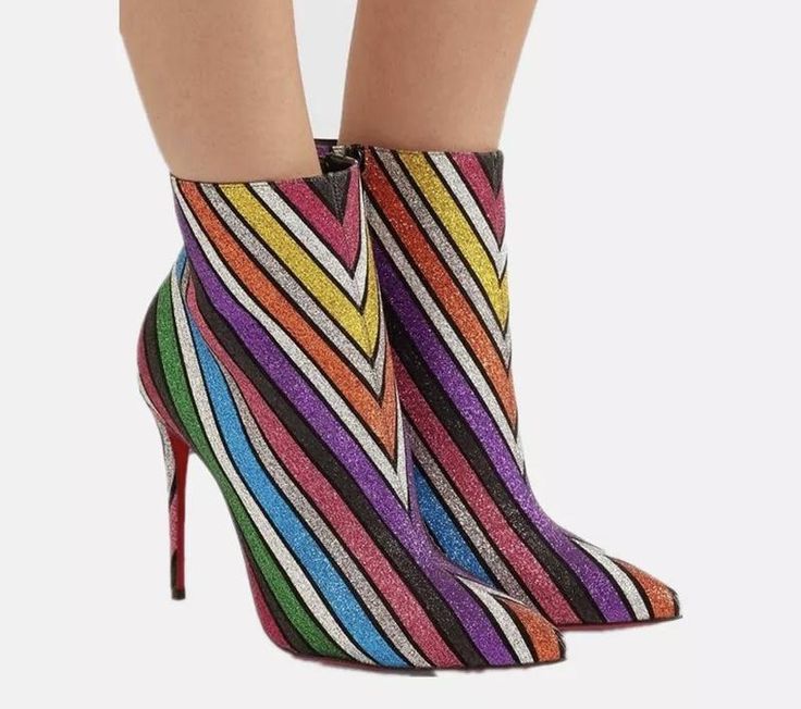 Rainbow stripes beautiful Pointed-toe high heel ankle boots which gives them a distinctly retro/flirtatious feel and puts them right in line with the season's coolest silhouettes. Multicolor High Ankle Party Boots, Trendy Multicolor Party Boots, Trendy Multicolor Ankle Boot Heels, Retro Spring Heeled Boots With Pointed Toe, Glamorous Spring Ankle Heeled Boots, Chic Multicolor Pointed Toe Boots, Multicolor Ankle Boot Heels For Fall, Bold Ankle Boot Heels For Party, Retro Pointed Toe Party Boots