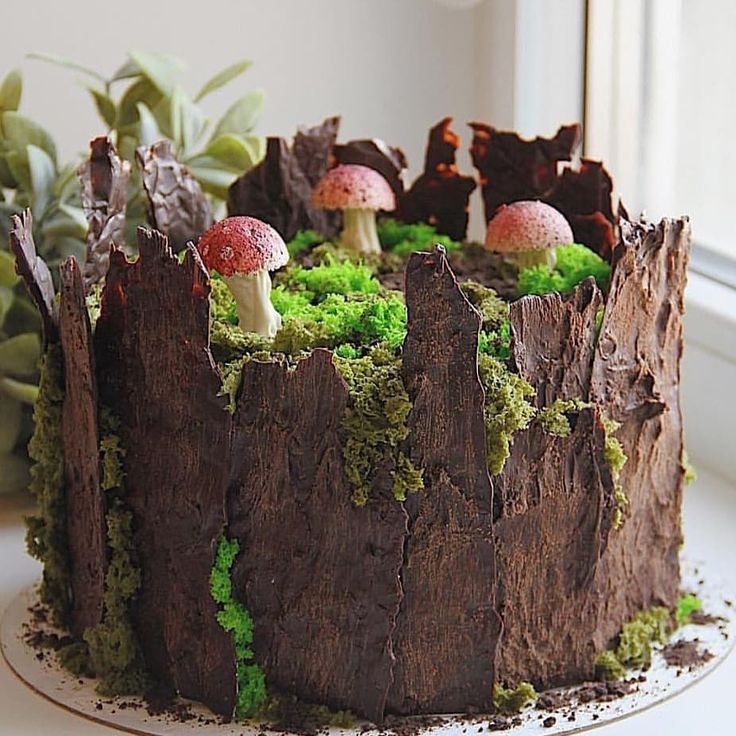 a chocolate cake with moss and mushrooms on it