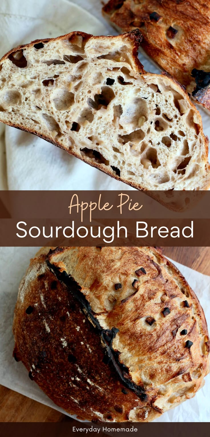 an apple pie sourdough bread cut in half