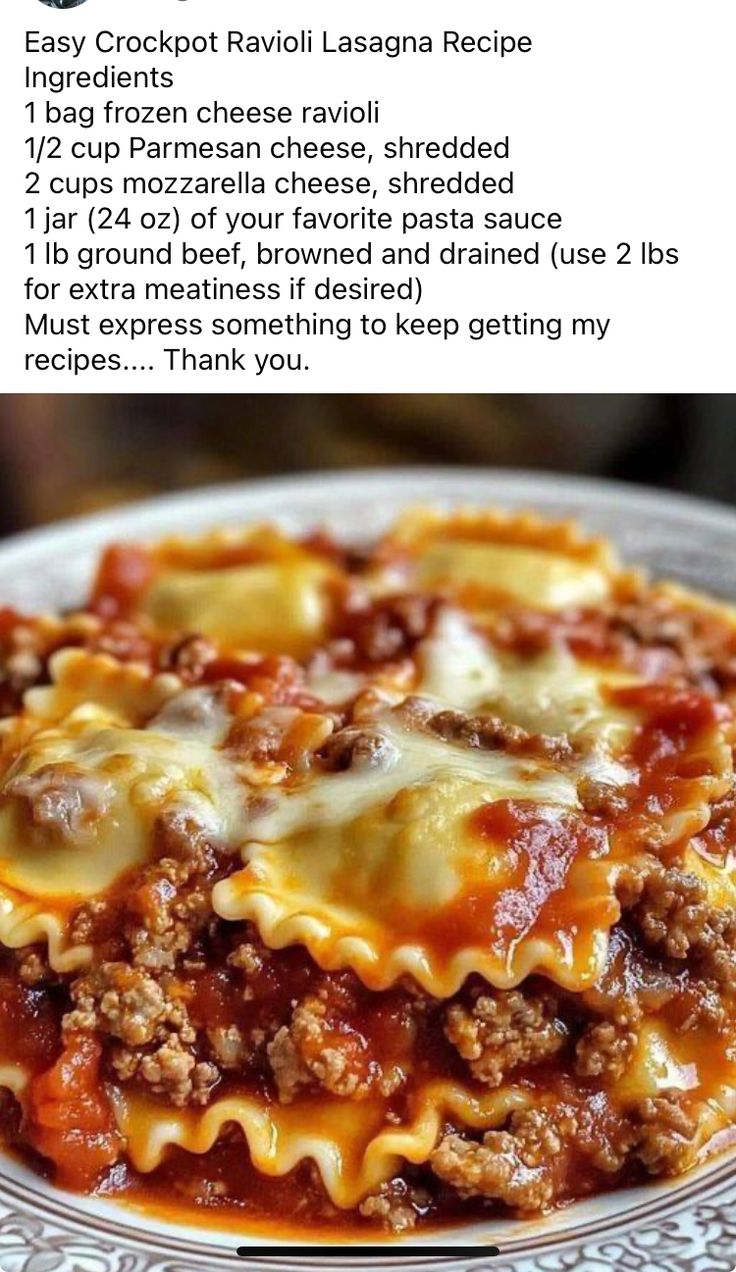 the recipe for lasagna casserole is shown on a plate with other items