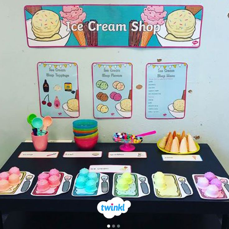 an ice cream shop display with different types of desserts and toppings on it