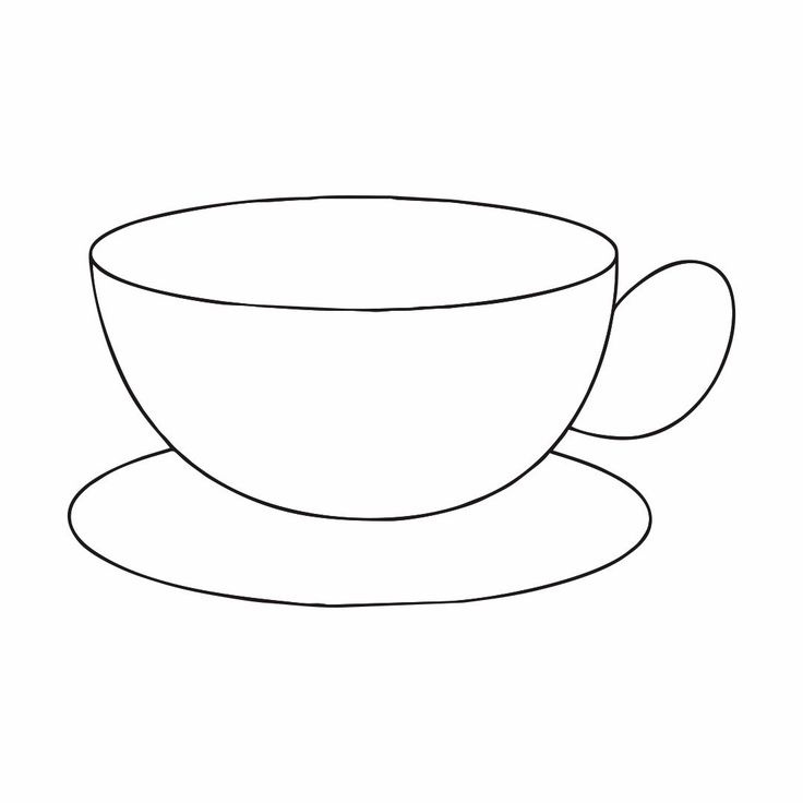 a coffee cup and saucer sitting on top of a white plate with a black line drawing