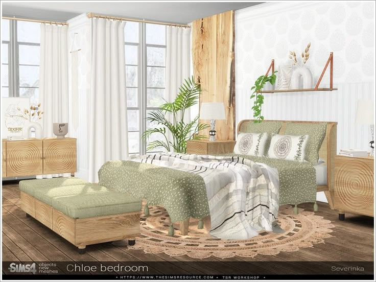 a bedroom with a bed, dresser and chair next to a window in the room