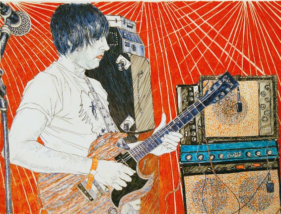 a drawing of a man playing an electric guitar in front of a microphone and amp