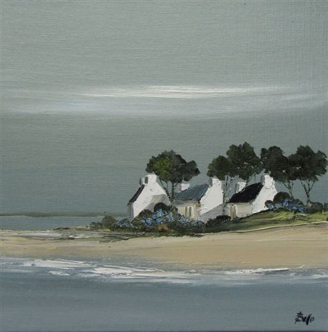 a painting of houses on an island in the ocean