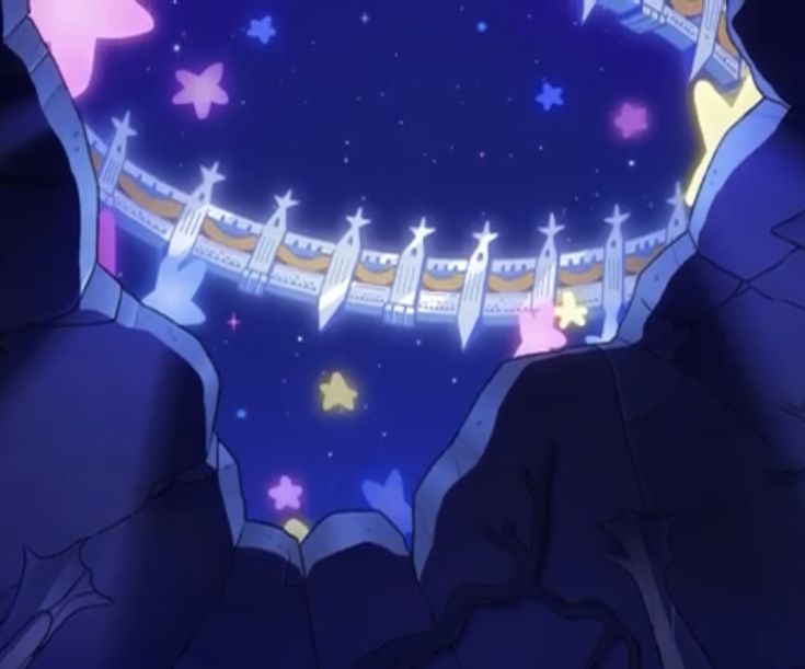 an anime scene with stars in the sky and a fence on top of it that is surrounded by rocks