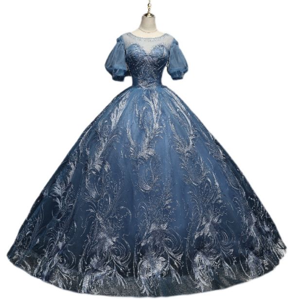 Fitted Tulle Princess Dress For Banquet, Fitted Lace Dresses For Quinceanera, Fitted Blue Quinceanera Dress For Banquet, Fitted Princess Dress For Wedding And Prom, Fitted Floor-length Princess Dress For Quinceanera, Blue Princess Dress With Fitted Bodice For Wedding, Blue Lace Princess Dress For Wedding, Fitted Ball Gown Princess Dress For Prom, Fitted Ball Gown Princess Dress For Evening