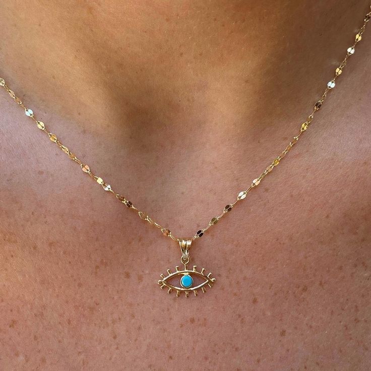 "* Gold KT: 14K Solid Gold * Chain Lengths: Adjustable, 16'' 18\", 20\", 22\", 24\" * Stone: Zircon * The length of the chain in the photo is 18 inches. * Pendant length: 1.50 cm * Pendant width: 1.40 cm * Chain style: Glitter chain necklace Follow on Instagram - @bayargold.tr My Web Site - https://www.bayargold.com/ * Bayar Gold is a fine jewelry company. Please do not hesitate to ask us questions. We are always here to help you. * All items are packed in the high-quality jewelry box. The gift Turquoise Chain Necklace With Adjustable Chain As Gift, Gift Turquoise Chain Necklace With Adjustable Chain, Turquoise Pendant Jewelry With Delicate Chain, Turquoise Pendant Charm Necklace With Adjustable Chain, Turquoise Pendant Necklace With Clavicle Chain, Spiritual Turquoise Necklace With Lobster Clasp, Spiritual Turquoise Charms Necklaces, Turquoise Pendant With Delicate Chain, Symbolic Evil Eye Yellow Gold Necklace