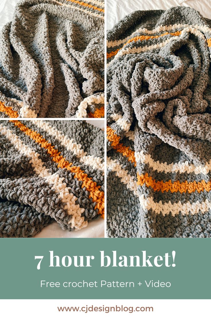 a crocheted blanket with the text, 7 hour blanket free crochet pattern and video