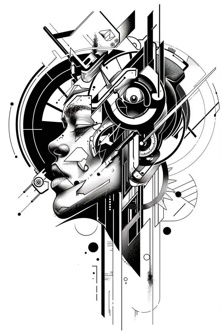 a black and white drawing of a person's face with abstract shapes around it