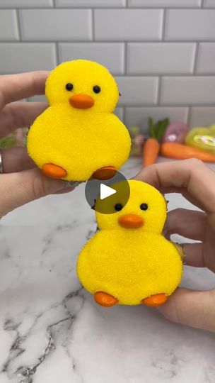 two small yellow chicks sitting on top of a counter