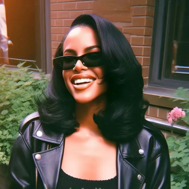 a woman with black hair wearing sunglasses and a leather jacket smiles at the camera while standing in front of a brick building