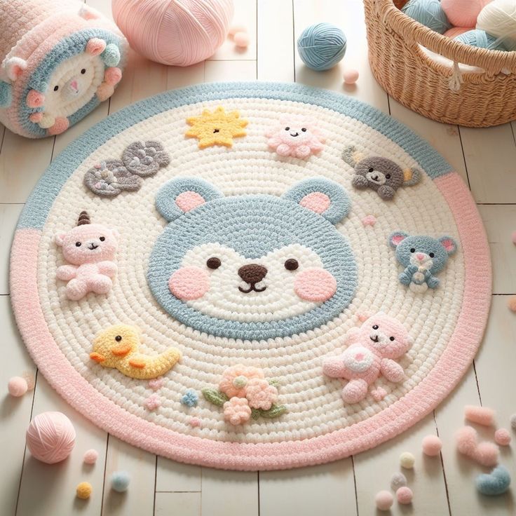 a crocheted rug with animals on it and balls of yarn in the background