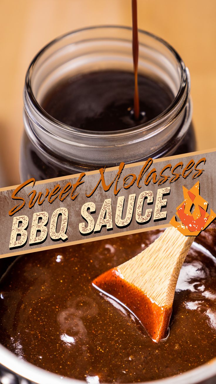 bbq sauce being poured into a pot with a wooden spatula in it and a sign that says sweet molasse barbecue sauce