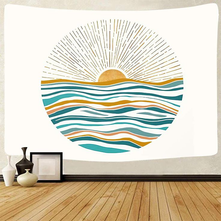 the sun is shining over the ocean waves on this wall hanging in a living room