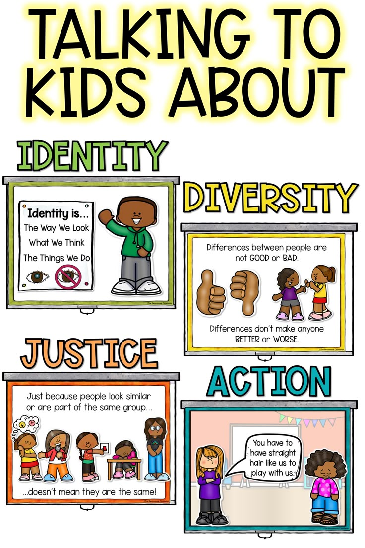 a poster with the words talking to kids about identity, diversity and justice in front of them