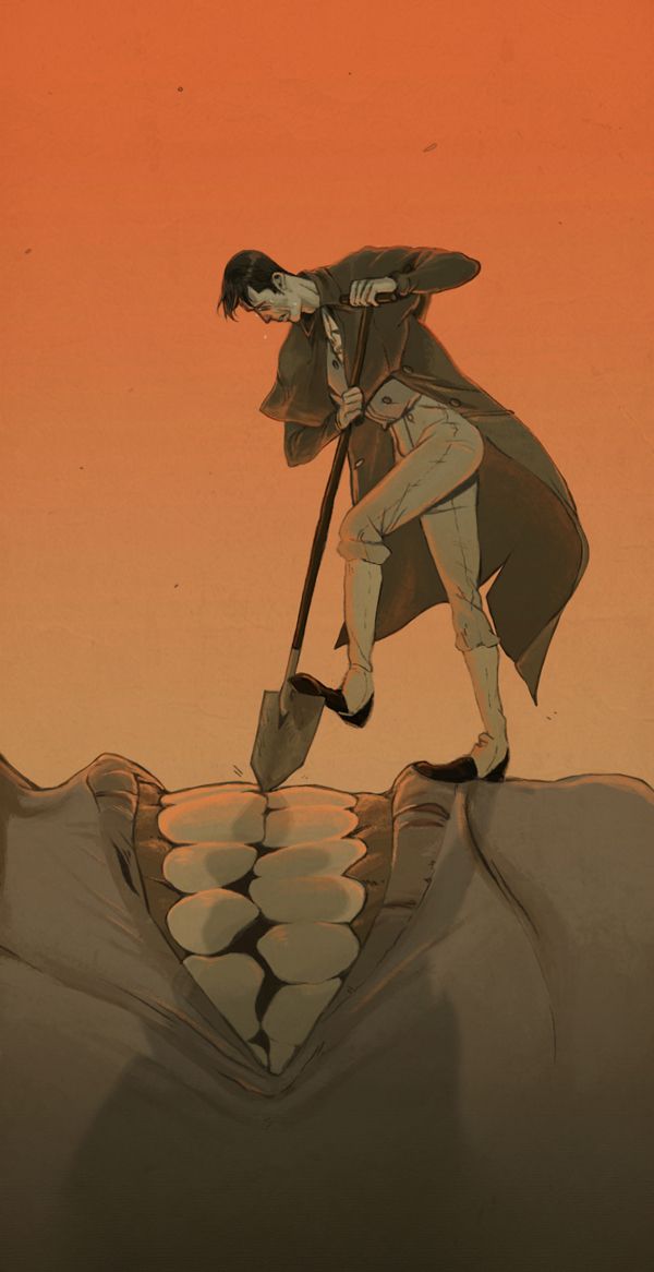 a man standing on top of a mountain with a stick in his hand and an orange sky behind him