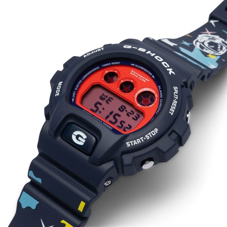 Streetwear staple Billionaire Boys Club joins G-Shock for a collaboration on their DW-6900 watch. With callback to the brand’s history, the band features a Starfield imprint and the Helmet logo on the back case. A contrasting bold red face finishes the collaborative timepiece. As with all DW-6900 models this watch features a 200-meter water resistance and a convenient EL backlight display packed into a design. Billionaire Boys Club x G-Shock collaboration Case measures 1.93" x 1.69" x 0.53" Resi Casual Black Streetwear Watch, Black Casual Streetwear Watch, Black Casual Watch For Streetwear, Casual Chronograph Watches For Streetwear, Casual Watches With Stopwatch For Streetwear, Black Watch With Stopwatch For Streetwear, Black Stopwatch Watch For Streetwear, Black Streetwear Watch With Stopwatch, Black Digital Watch With 10atm Water Resistance For Streetwear