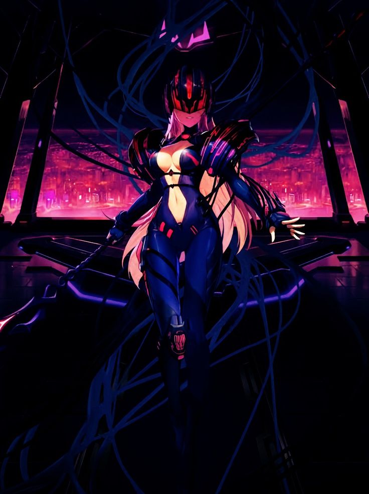 a futuristic woman walking down a hallway in front of a purple and red background with lines